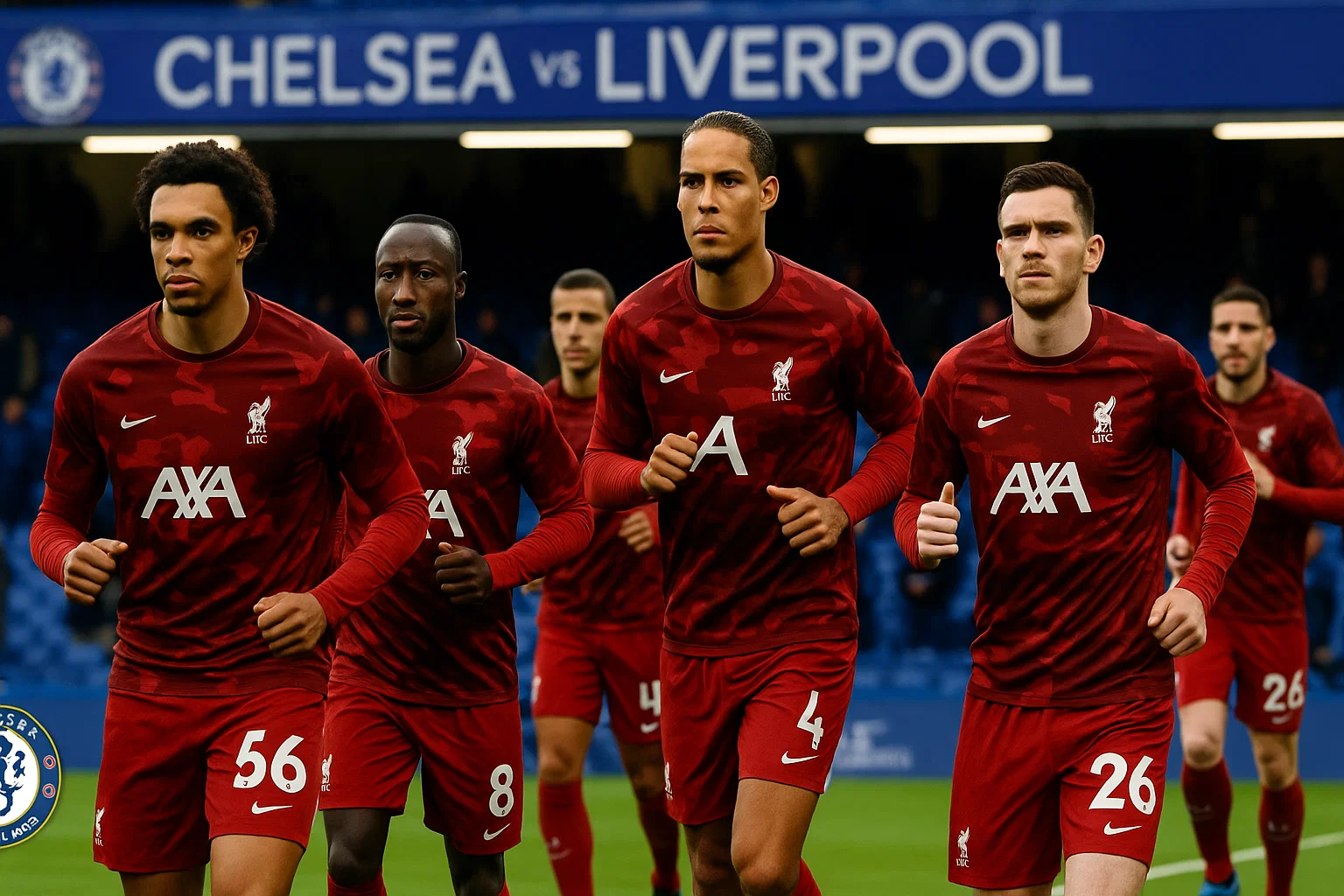Các cầu thủ Liverpool khởi động với nét mặt quyết tâm trong sân Stamford Bridge trước trận đấu Chelsea vs Liverpool.