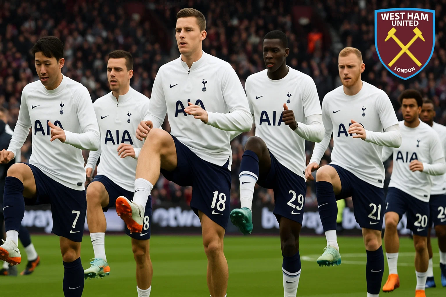 Các cầu thủ Tottenham khởi động đầy tập trung trước khán đài sân khách trong trận gặp West Ham United.