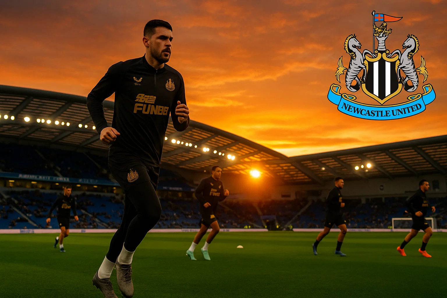 Cầu thủ Newcastle khởi động trên sân AMEX trong buổi chiều hoàng hôn đầy quyết tâm.