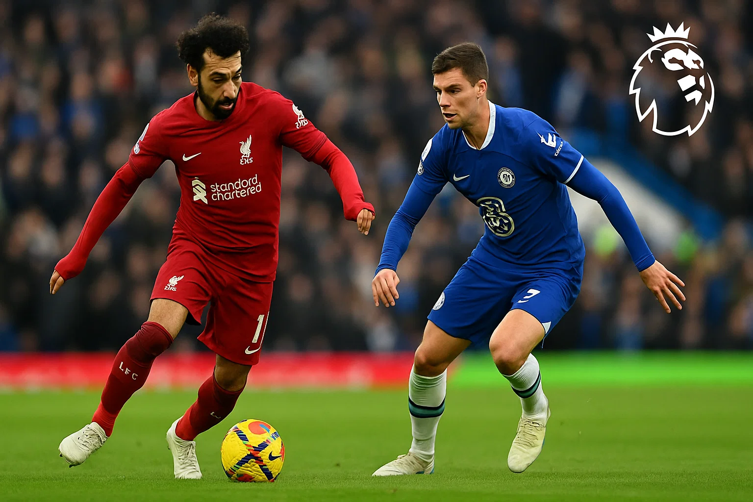 Mohamed Salah rê bóng vượt qua hậu vệ Chelsea bên cánh phải trong thế trận mở rộng không gian.