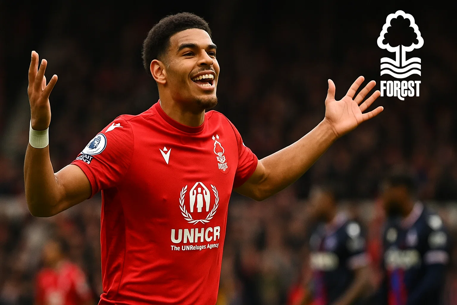 Morgan Gibbs-White ăn mừng bàn thắng giúp Nottingham Forest dẫn trước Crystal Palace.