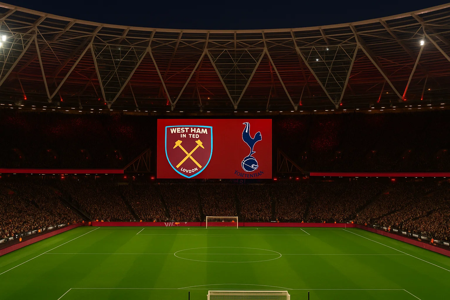 Toàn cảnh London Stadium rực sáng trong không khí derby London trước trận West Ham United vs Tottenham Hotspur.
